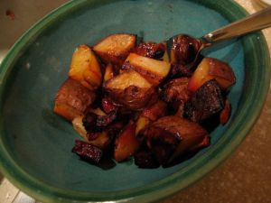 roasted potatoes, beets and onions
